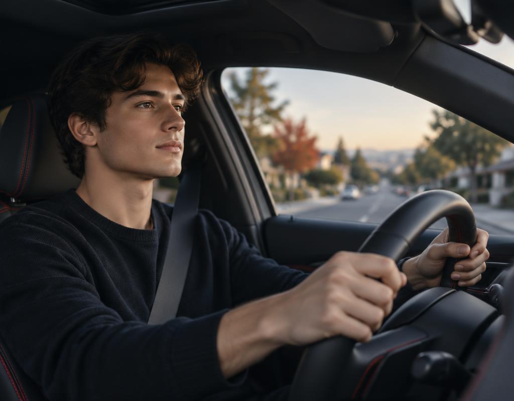 Young adult new driver with both hands on the steering wheel, looking ahead at the road