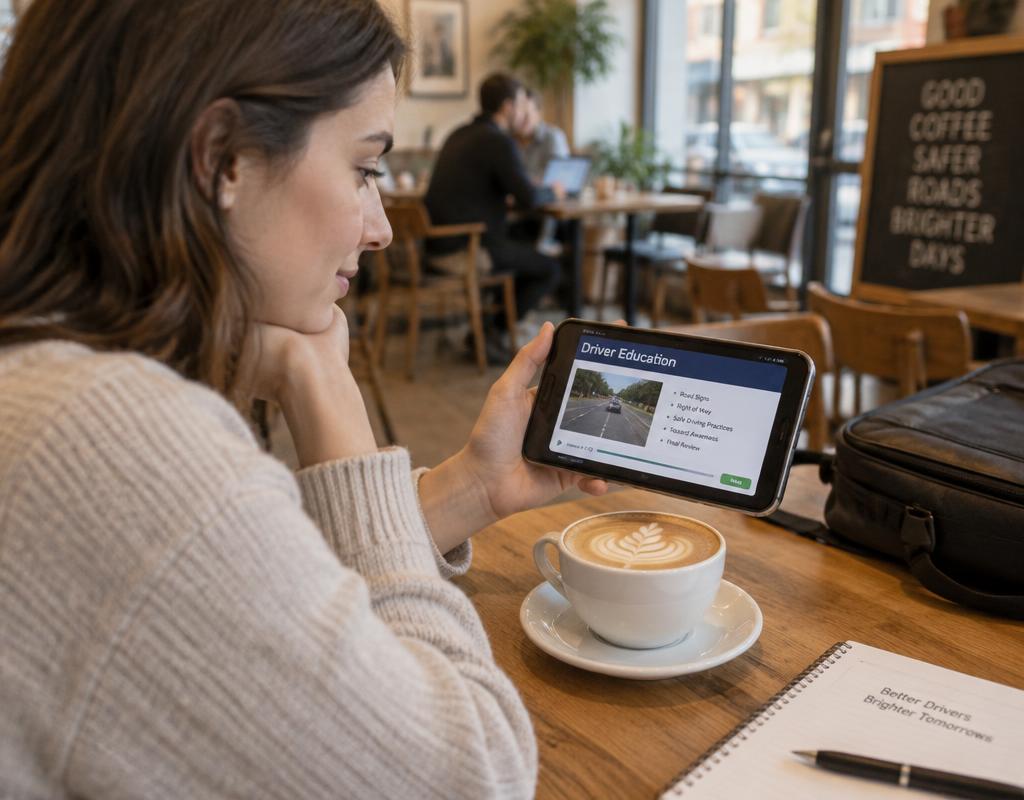 Student taking the online course on a phone at a coffee shop