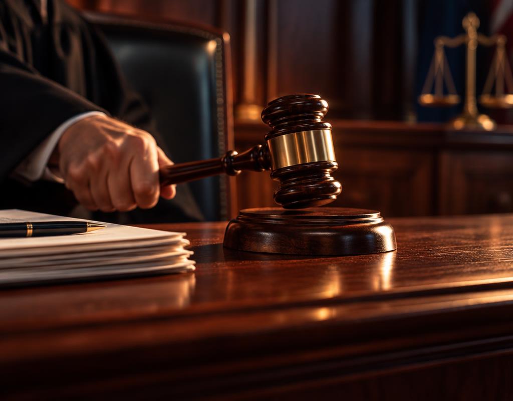 El mazo de un juez golpeando la base de madera en la mesa de un tribunal